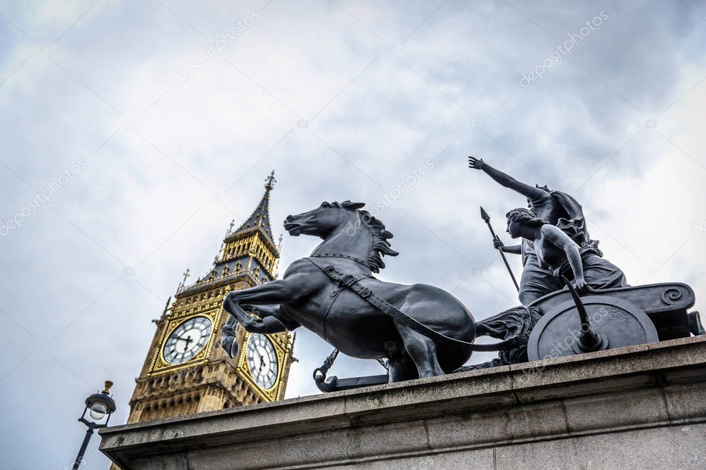 Statue of Queen Boudicca near Big Ben and Houses of Parliament, London. She was the Queen of the Iceni tribe. UK