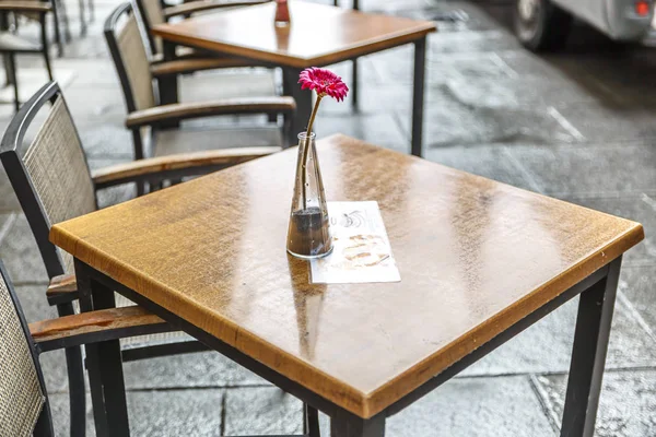 Madrid sokak detay küçük cam vazo pembe çiçek, İspanya ile bir barda tipik tablosu