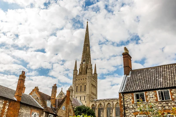 Vista Hermosas Casas Piedra Una Catedral Ciudad Norwich Inglaterra Reino — Foto de Stock