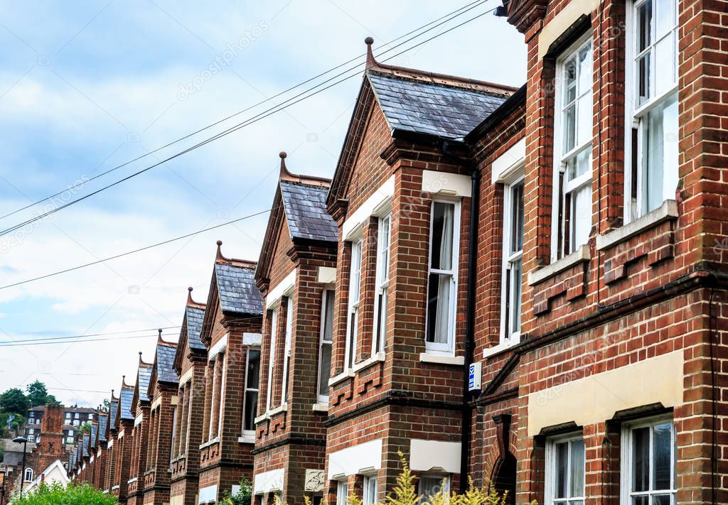 Typical facades of English cottages, city of Norwich, United Kingdom