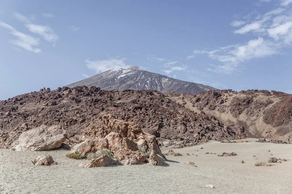 Magnificent landscape of sand, lava and rocks and the Teide volcano in the background, on the island of Tenerife