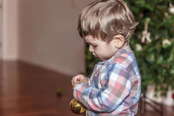 Маленький Хлопчик Тримає Руках Золотий Декоративний Біля Ялинки — стокове фото