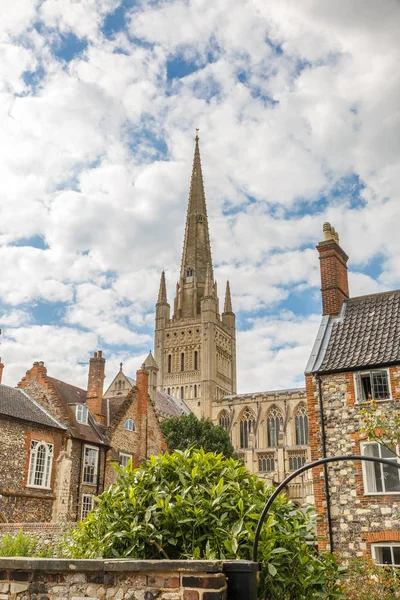 Vista Vertical Algunas Casas Iglesia Católica Ciudad Norwich Inglaterra — Foto de Stock