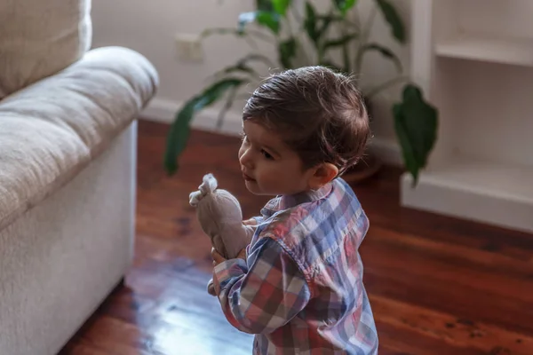 A tender child plays with his bunny doll in the living room of h