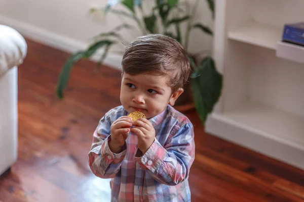 Портрет маленького мальчика, поедающего печенье во время просмотра ca — стоковое фото