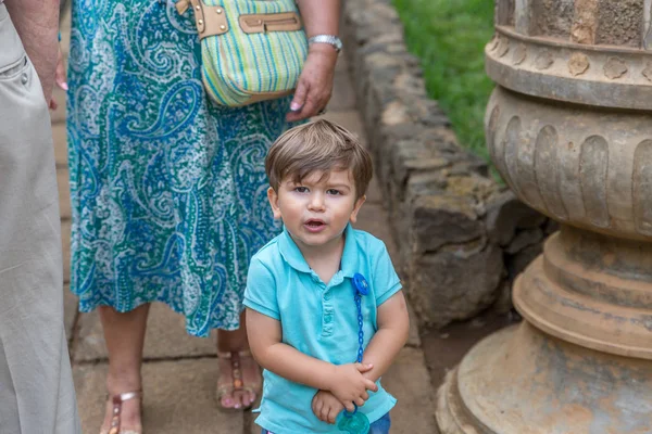 Un chico rubio tierno y lindo mira a la cámara, mientras está de pie al lado —  Fotos de Stock