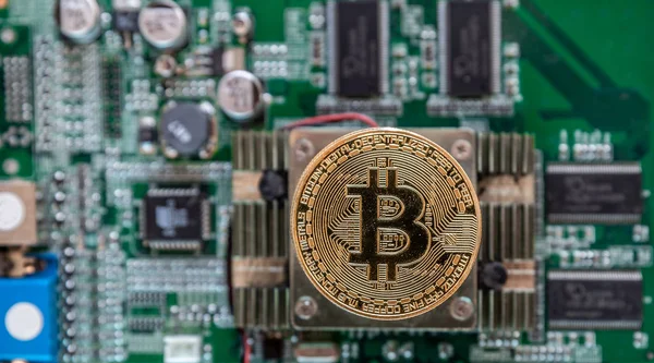 Çok sayıda devre ve işlemciiçeren bir grafik kartının yonga setine yerleştirilen altın bitcoin görünümü