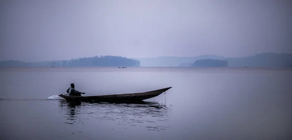 Silhouette Dug Out African Wooden Canoe Lake Kivu Congo — Stock Photo, Image