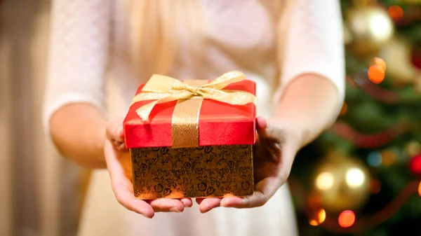 Close-up beeld van een jonge vrouw met de doos van de gift van Kerstmis in handen — Stockfoto