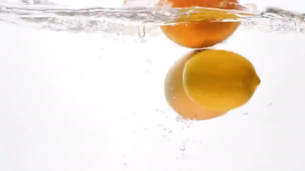 Close-up 4k imagens de sortimento de frutas cítricas caindo na água contra backgorund branco — Vídeo de Stock