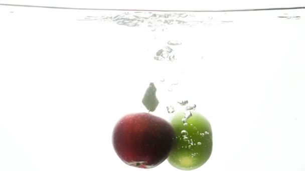 Vídeo en cámara lenta de dos manzanas rojas y verdes frescas cayendo y salpicando en agua fría sobre fondo blanco — Vídeo de stock