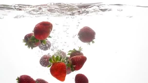 Fechar vídeo em câmera lenta de morangos vermelhos caindo e salpicando em água fria e clara — Vídeo de Stock
