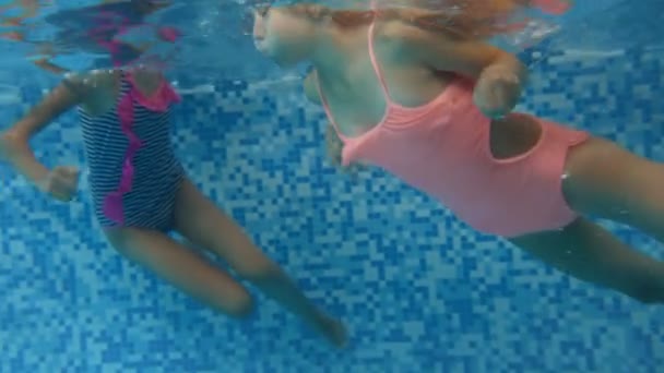 4k. 在室内泳池中, 两名少女在泳衣下潜水的水下镜头 — 图库视频影像