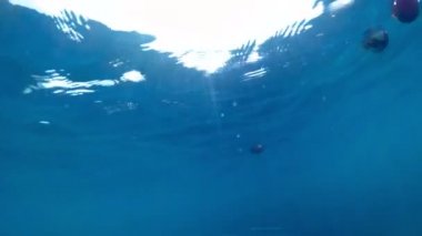 Deniz ve yaşam şamandıralar parlak güneşli bir günde sallayarak yavaş hareket sualtı video