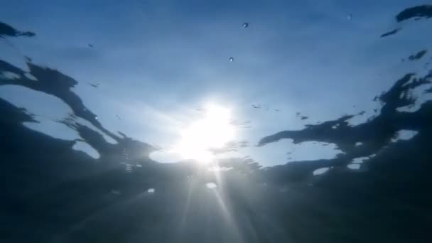 Slow motion underwater video of sun light rays shining through calm sea water surface — Stock Video