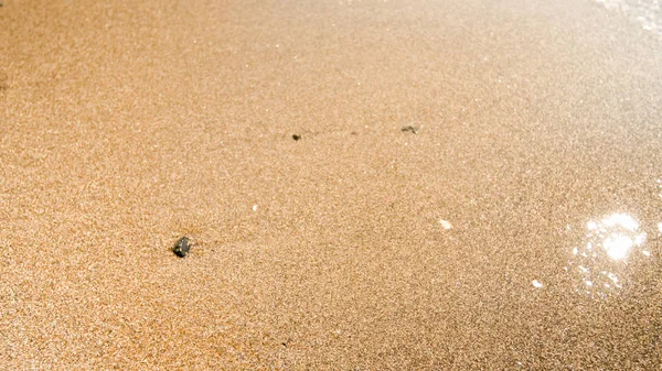 Macro image of wet sand and stones on sea beach. Bright sun reflecting in sea waves — Stock Photo, Image