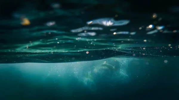 Vue de sous l'eau sur l'eau sale avec des débris flottants et des ordures — Photo