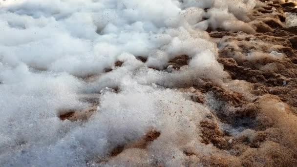 Primer plano 4k metraje de espuma volando despertar en la playa de arena — Vídeos de Stock