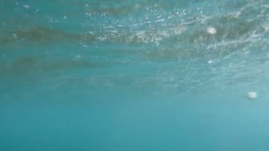 Parlak güneşli bir günde dalgalar üzerinde okyanus yüzeyinin altından 4k video