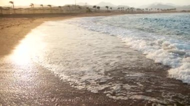 Susnet güneş ışınları kumlu plajda kırma büyük okyanus dalgaları yavaş hareket video