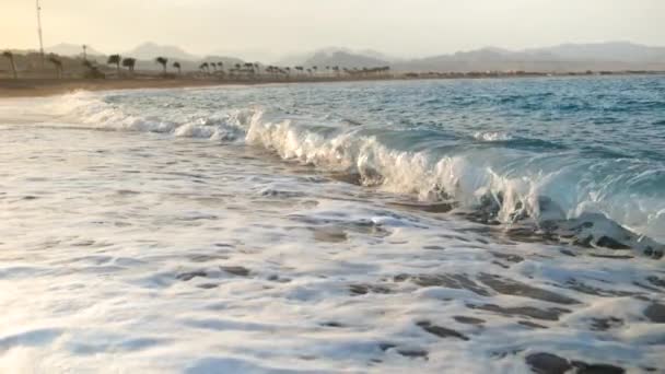 Slow motion footage of beautiful sunset over sea waves on golden beach — Stock Video