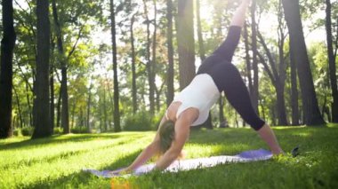 Parkta çim yoga ve fitness 4k yavaş hareket video. Orta yaşlı gülümseyen kadın pratik ve ormanda güneşli bir günde egzersizyapıyor. Kadın onun zihinsel ve fiziksel sağlığı bakımı