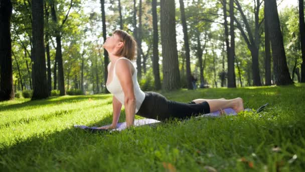 4k Zeitlupenvideo einer lächelnden Frau mittleren Alters, die an sonnigen Sommertagen im Park Yoga praktiziert und meditiert — Stockvideo