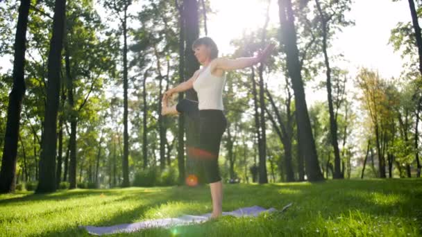 Filmagem em câmera lenta 4k de uma mulher sorridente de meia idade praticando ioga no parque público no dia ensolarado de verão. Conceito de corpo e saúde mental — Vídeo de Stock