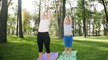 Parkta yoga sınıfında egzersizler ve asana yapma orta yaşlı kadın öğretim 4k yavaş hareket video