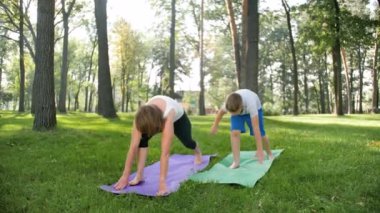 Güneşli yaz gününde parkta yoga ve meditasyon genç çocuk ile anne 4k yavaş hareket video