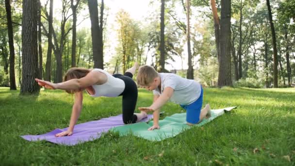 Vídeo en cámara lenta de 4k de una mujer de mediana edad enseñando a un adolescente en clase de yoga. Mujer y niño haciendo ejercicios de fitness en el parque — Vídeo de stock