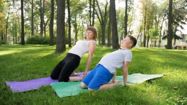 Imágenes en cámara lenta de 4k del niño haciendo ejercicios de yoga en la hierba en el parque con su madre. Mujer enseñando a niños en clase de fitness — Vídeo de stock