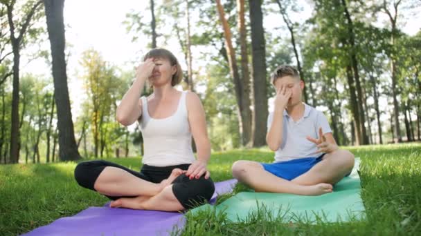 4k lassú mozgás videó anya tizenéves fiú gyakorló jóga és meditál a parkban, napsütéses nyári napon — Stock videók