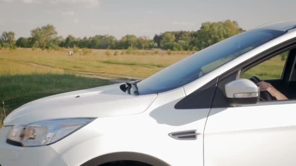 Повільні кадри руху молодої жінки водіння автомобіля і показуючи великим пальцем вгору — стокове відео