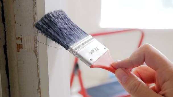 Primer plano video en cámara lenta de pintura marco de puerta de madera vieja con cepillo — Vídeo de stock