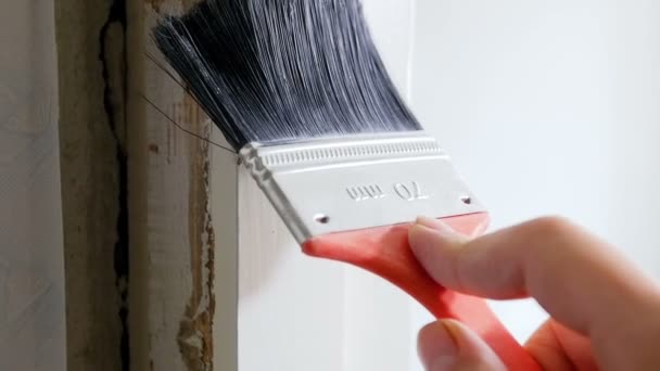 Closeup vídeo em câmera lenta de pintura velha moldura de porta de madeira com escova — Vídeo de Stock