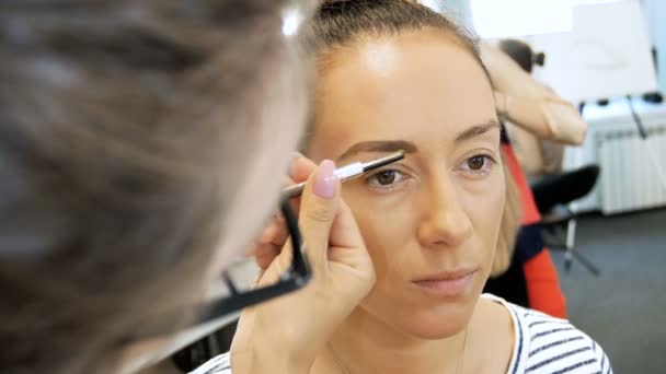4k closeup video of professional makeup artist applying mascara and painting models eyes and brows in professional studio — Stock Video