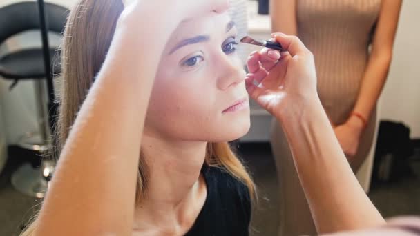 Closeup slow motion video of professional makeup artist working in studio. Visagiste applying makeup on models face — Stock Video