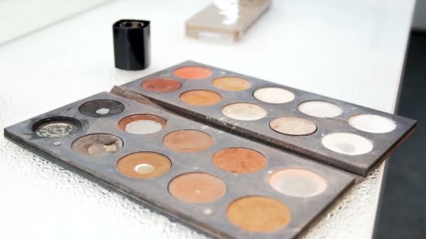 Vidéo en gros plan de palette colorée avec des peintures et des ombres pour le maquillage. Maquilleur professionnel ou visagiste tenant la palette et choisissant la bonne couleur avec le pinceau — Video