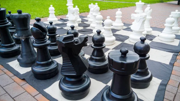 Närbild bild av gigantiska schackbräde och schack siffror i parken. Underhållning och nöje för familjen utomhus — Stockfoto