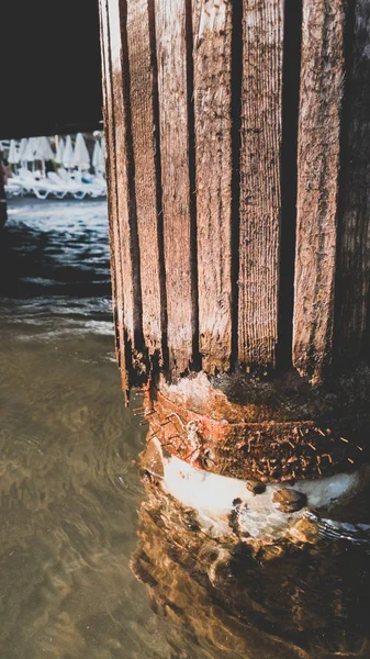 Närbild tonas bild av destructing trä kolumner av gamla piren på havet stranden — Stockfoto
