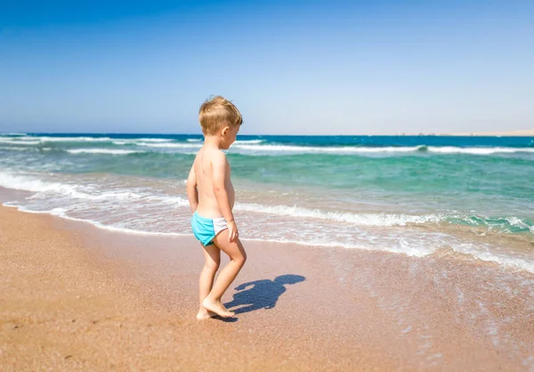 Sevimli küçük çocuk denize yürüyor ve okyanus dalgalarına bakıyor. Çocuk rahatlatıcı ve yaz tatili tatili sırasında iyi vakit geçirmek. — Stok fotoğraf
