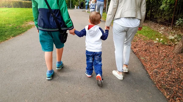 Foto de un niño pequeño sosteniendo a su madre y su hermano mayor a mano y caminando en el parque de otoño —  Fotos de Stock