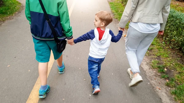 Foto de un niño pequeño sosteniendo a su madre y su hermano mayor a mano y caminando en el parque de otoño —  Fotos de Stock