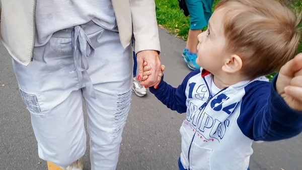 Zdjęcie małego chłopca chłopaka trzymając swoją matkę i starszego brata ręką i spacerując w jesiennym parku — Zdjęcie stockowe