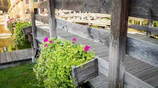 Immagine ravvicinata tonica di bellissimi fiori che crescono in vaso sul vecchio ponte di legno sul canale d'acqua nella città europea — Foto Stock