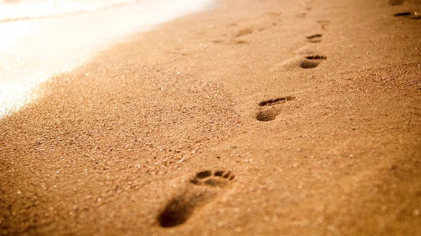 Gambar close-up dari garis stright jejak kaki manusia di pasir basah emas di pantai laut pada saat matahari terbenam — Stok Foto