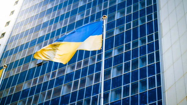 Modern ofis binasına karşı Ukrayna ulusal bayrağı Görüntü. Ukrayna ekonomi, kalkınma ve siyaset kavramı