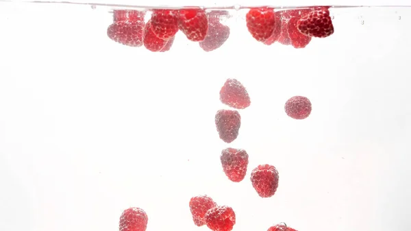 Nahaufnahme Bild von vielen frischen reifen Himbeeren fallen und planschen im Wasser vor weißem Hintergrund — Stockfoto