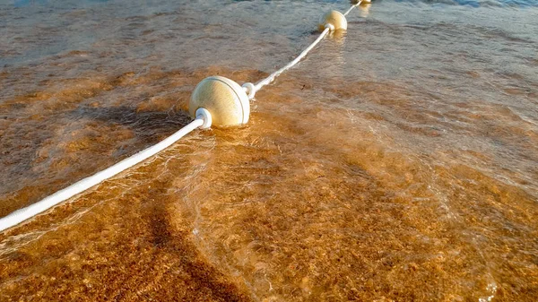 Immagine ravvicinata della linea di boe galleggianti adagiate sulla sabbia bagnata sulla riva del mare — Foto Stock